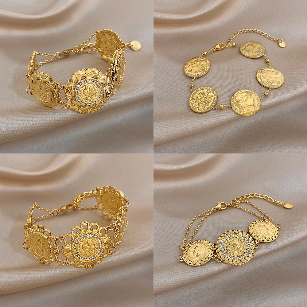 Vintage Gold Plated Stainless Steel Coin Bracelet for Women Retro Rooster Portrait Rhinestone Hollow Statement Bracelet Jewelry
