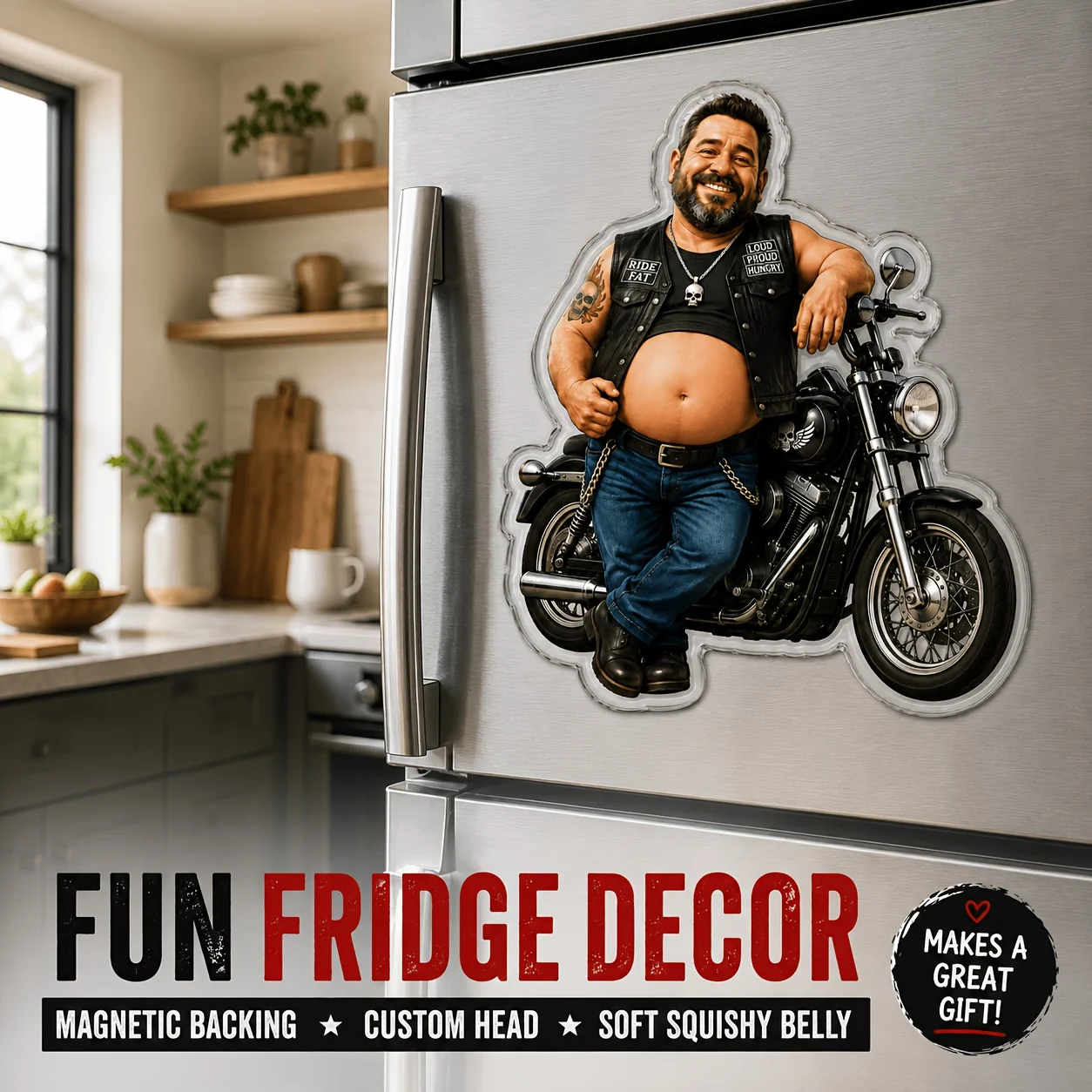 Private photo customization with interchangeable head motorcycle rider elastic soft belly refrigerator sticker, automatic reboun