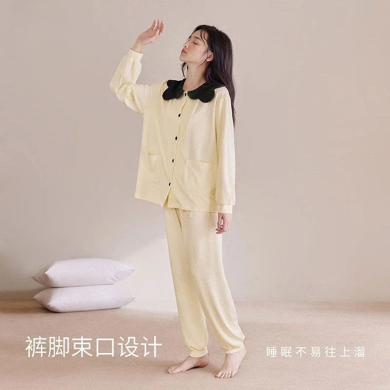 Women's Pajamas Set Spring and Fall Korean Elegant Long-sleeved Cardigan Loose Simple Leisure Home Wear Sleepwear Two-piece Set