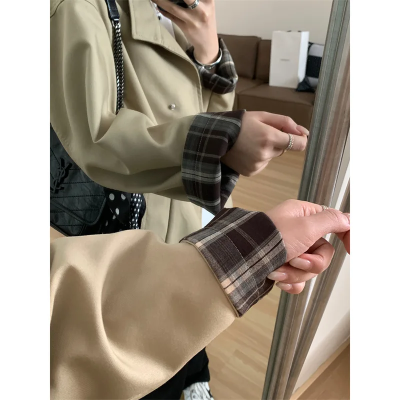 Women Trench Coats Patchwork Jackets Turn Down Collar Long Sleeve Single Breasted Mid Length Loose Y2k Casual 2025 Autumn Winter