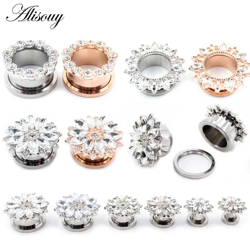 Alisouy 2PC Stainless Steel Flower Star Moon Ear Tunnel Plugs Expander Stretcher Gauges Piercing Hollow Expander Body Jewelry