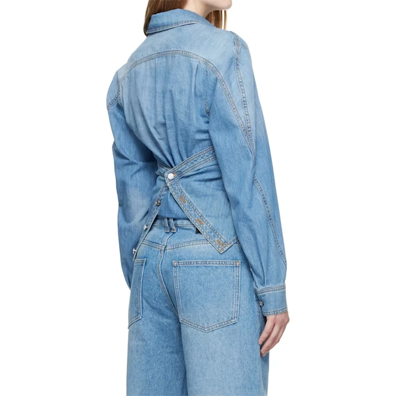 Veste en jean à revers et cravate croisée pour femme, haut en denim à simple boutonnage, y2k, de haute qualité, à la mode et élégante, en pur coton lavé, nouvelle collection automne