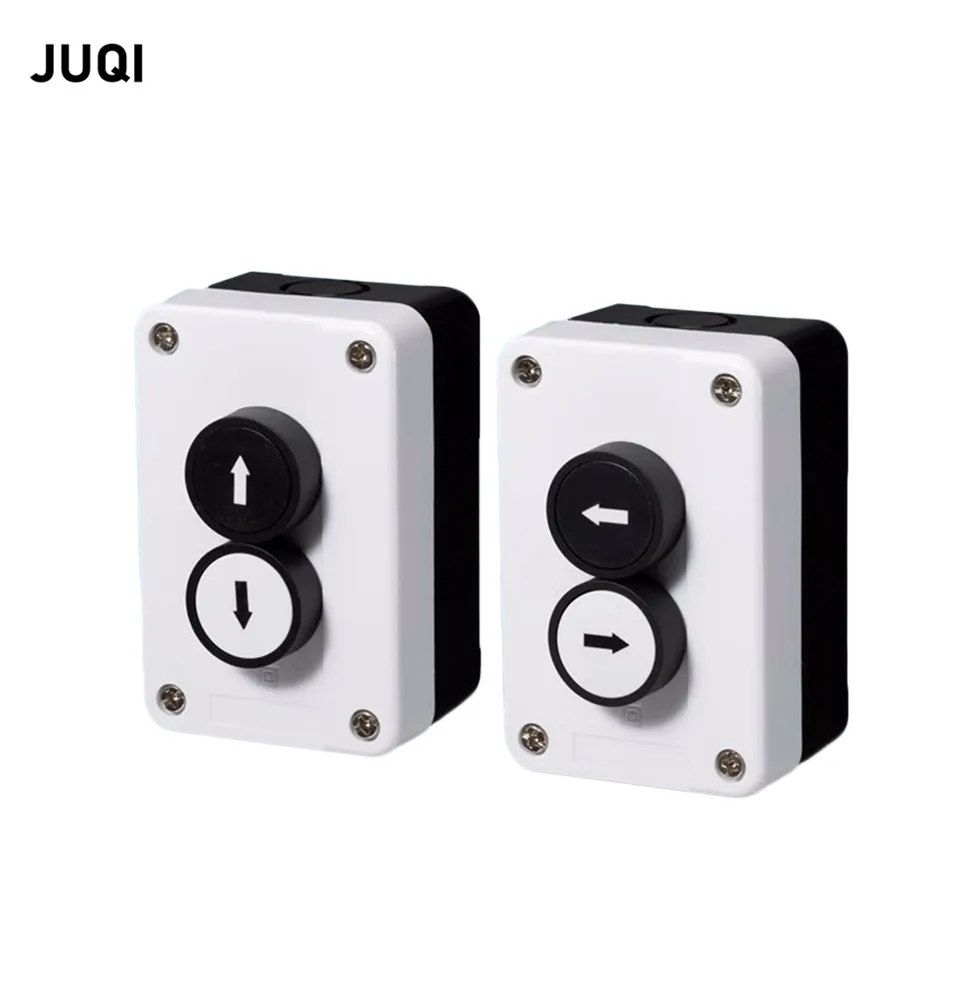 Two-position button box with arrow indicating flat button, two-hole waterproof button box, switch box, control box