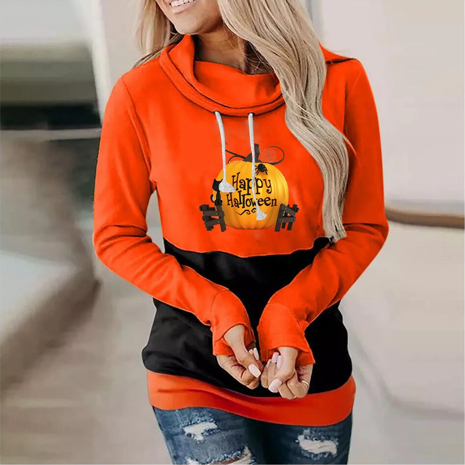 

Womens Sweater Women's Long Sleeved Oversized Sweater Halloween Printed Color Matching Hat Casual Sweatshirts for Women Dress