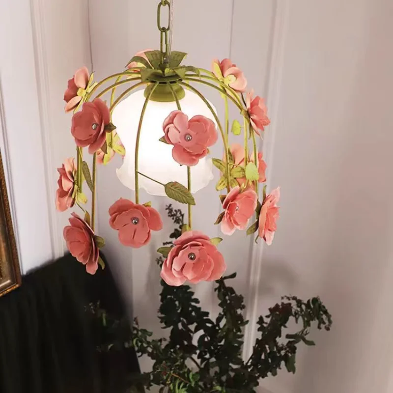 

French retro chandelier bedroom light master bedroom American romantic rose plant dining room lamp
