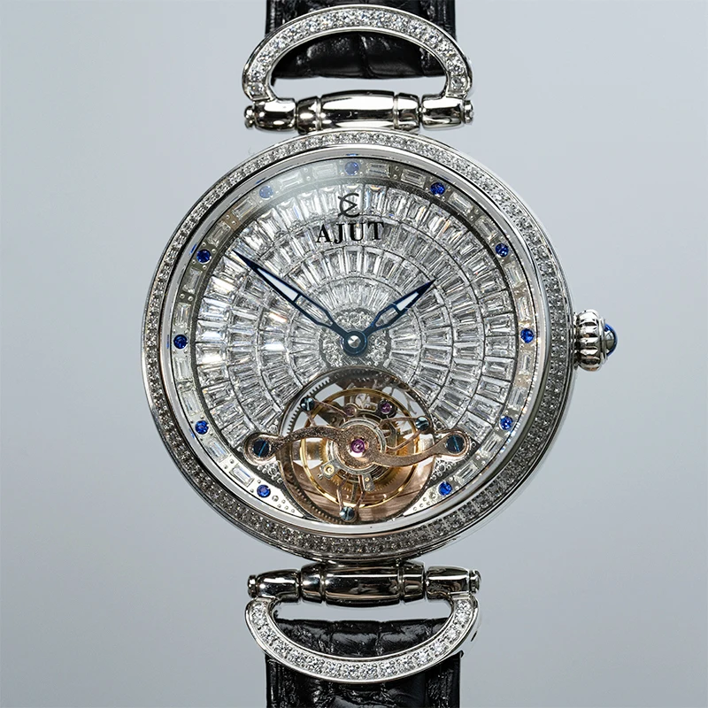 AJUT التلقائي توربيون الميكانيكية ساعة نسائية الياقوت الفاخرة كامل الماس الهاتفي الذاتي لف حركة السيدات ساعة 0397L