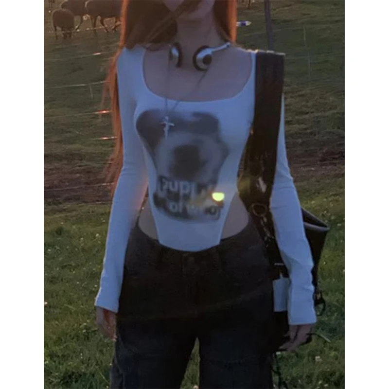 MEXZT Y2K Bodysuitsผู้หญิงStreetwearพิมพ์Bodycon Jumpsuitsฤดูร้อนเซ็กซี่Gyaru Harajukuความงามแขนยาว