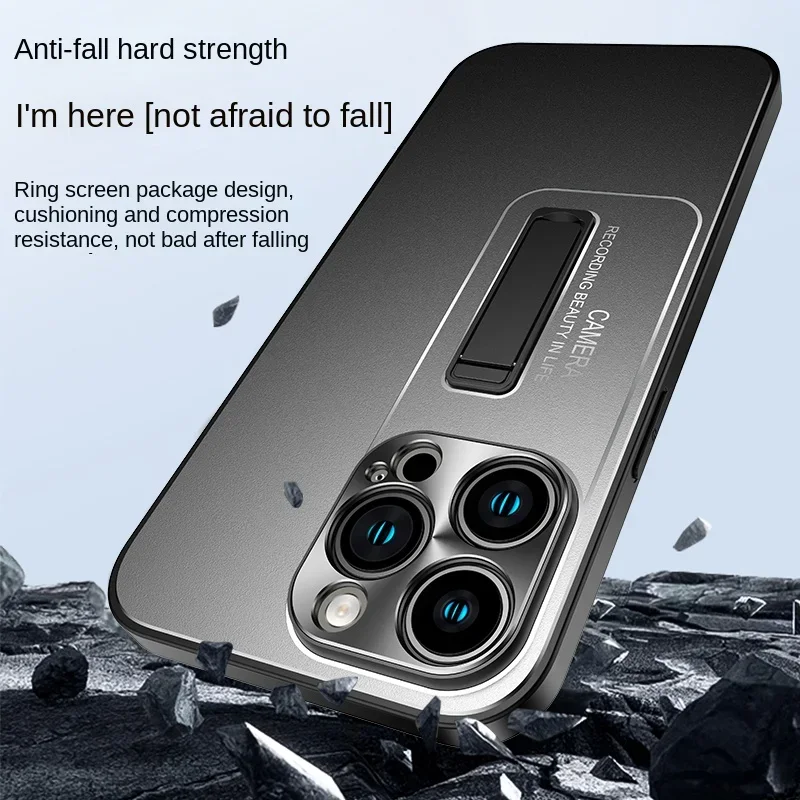 

Металлический матовый чехол для телефона с задней крышкой для iPhone 15 Plus 13 14 16 17 Pro Max, невидимая подставка, защитный бампер, противоударные чехлы