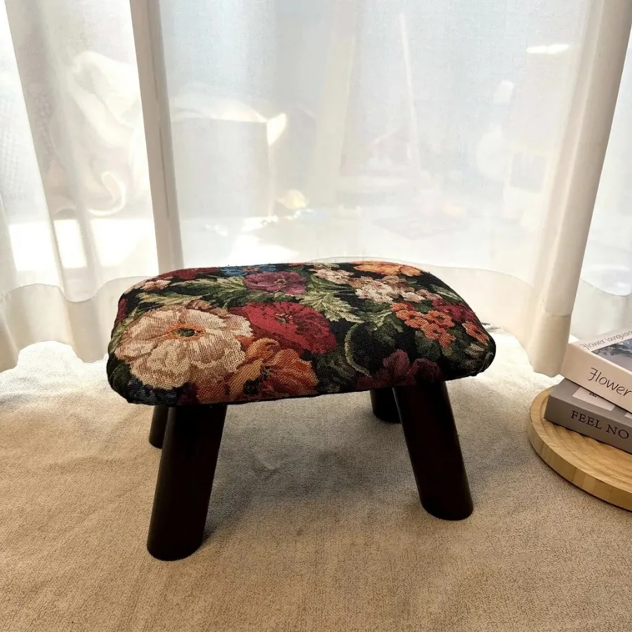 Retro Furniture Flower Footrest Thickened Sponge Stool Handmade Small Stool Classical Durable Entrance Shoe Changing Boarding