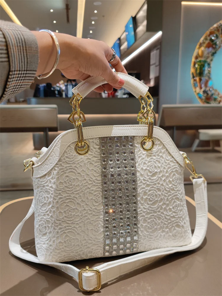 Fashion Diamond Lace Crocodile Pattern Women Bag 2025 New Temperament Wild Genuine Leather Handbag Shoulder Messenger Bag