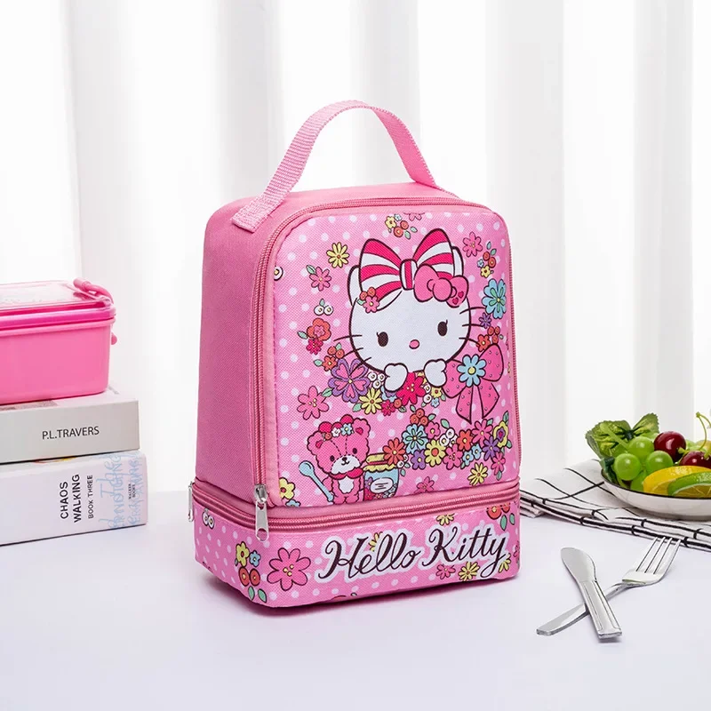 Hello Kitty Lunch Box Cute Kids Bento Bag grande capacità doppio strato Cartoon Student Kawaii Fruit Snack borsa da Picnic portatile