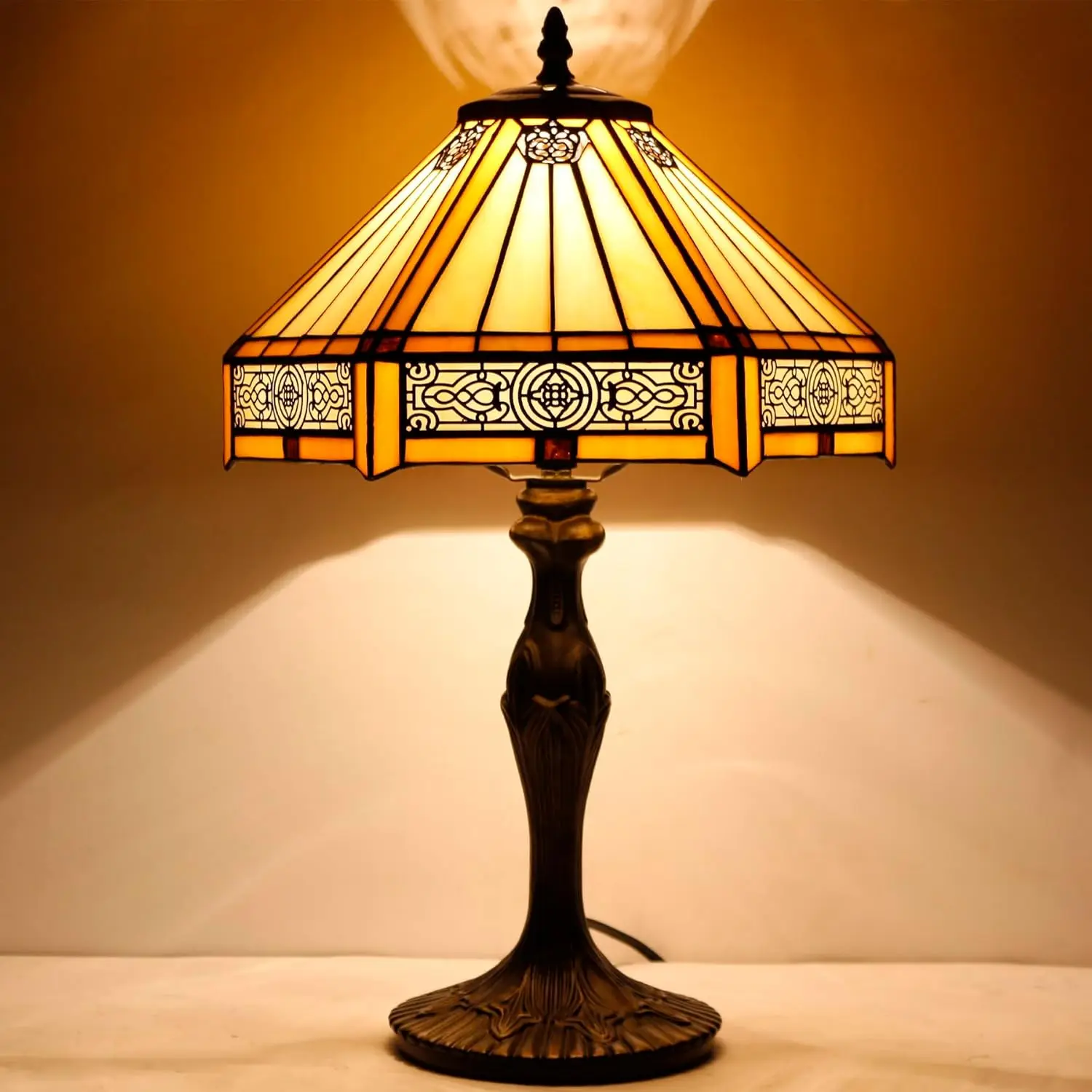 Lámpara de mesa de vitral hexagonal amarillo Tiffany, 12x10x18, estilo misión, luz de noche para escritorio, dormitorio, sala de estar, hogar