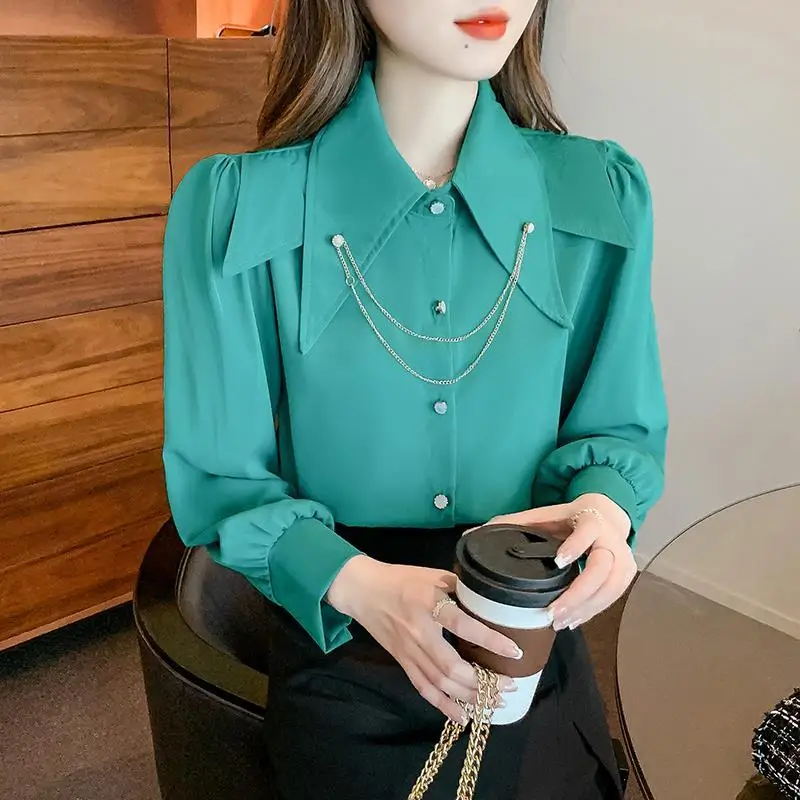 

Women autumn chiffon blouse shirt long sleeve doll pointed collar puff sleeve top female loose casual shirt ladies elegan