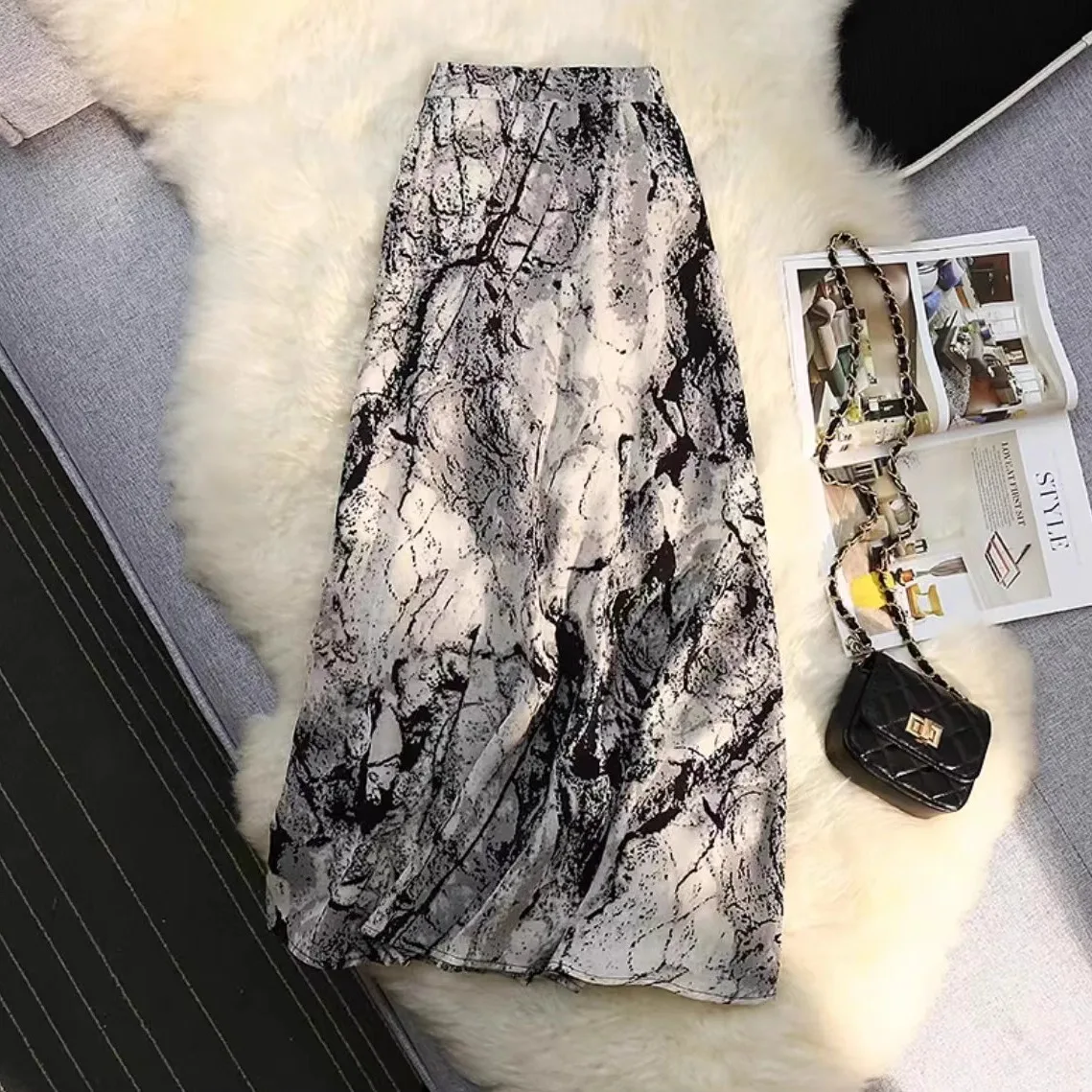 

Новая китайская юбка в стиле акварели и чернильной живописи, больших размеров, женская, весенне-осенняя, прямоугольного кроя, для стройного силуэта