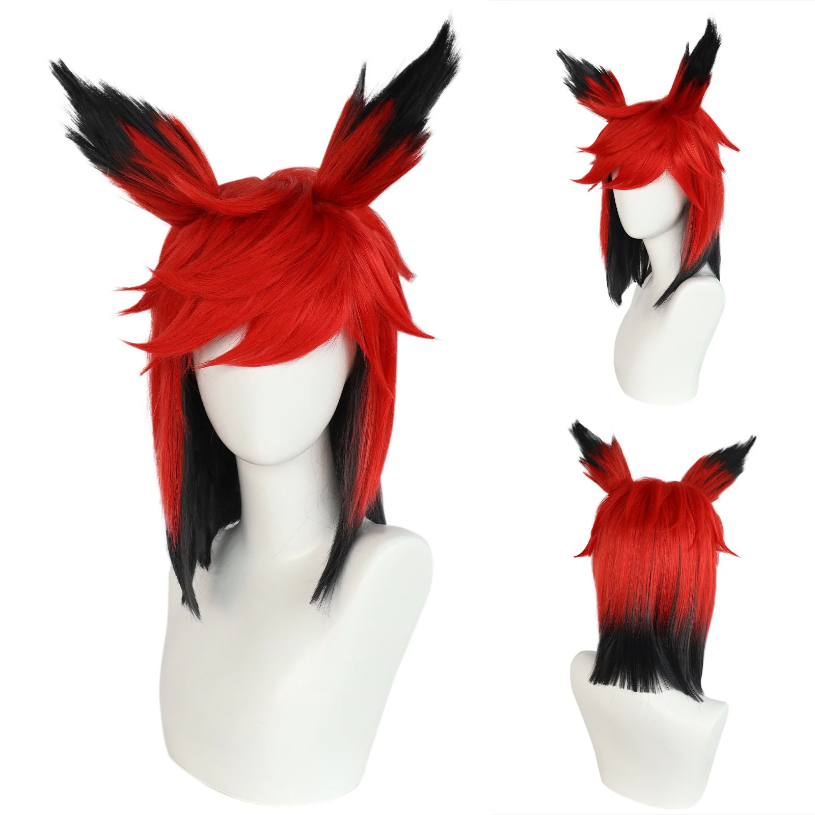 Anime Alastor Cosplay Wig Short Red Black Heat Resistant Synthetic Hair with Ears for Hazbin Halloween Stage Carnival Prop