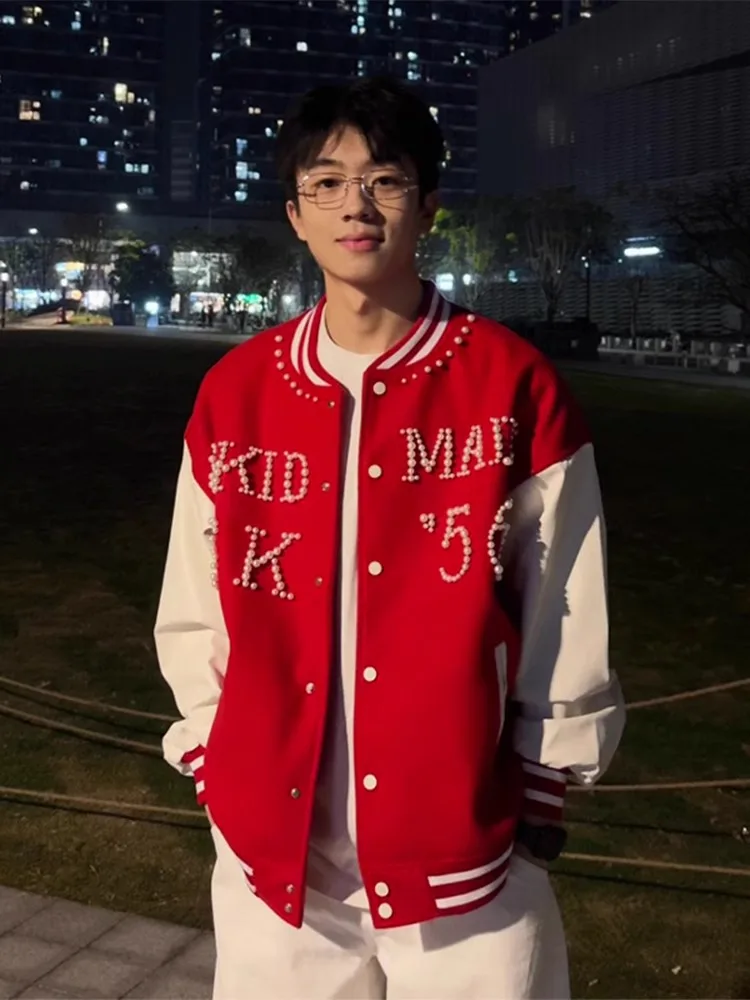 

Cleanfit Red Splice Baseball Jaet Men's Spring Autumn American Trendy Brand Couple's Pearl Embroidery Outerwear
