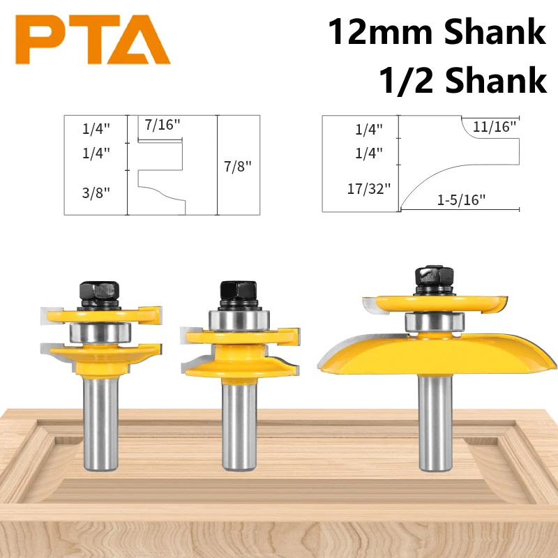 PTA 3 pz 12.7MM/12MM STILE & RAIL ASSEMBLES-ROMAN OGEE BIT ROUTER BIT fresa per la lavorazione del legno fresa per legno BIT FACE MILL