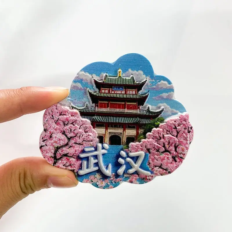 3D Resin Fridge Magnet Wuhan Yellow Crane Tower Cherry Blossom Design Home Decor Room Magnet Nevera