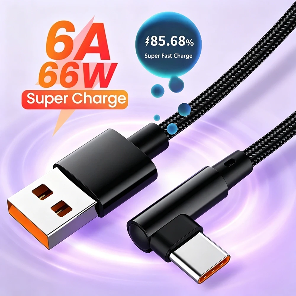 6A 90 Degree Elbow Type C Cable 66W Fast Charging Phone Charger Data Cord For Huawei Mate 40 50 Samsung Xiaomi USB C Quick Wire