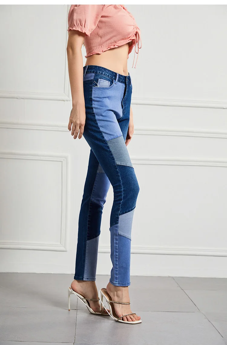 Imagem -06 - Calça Lápis de Cintura Alta Feminina Jeans de Emenda Jeans Stretch Skinny Patchwork Moda S715