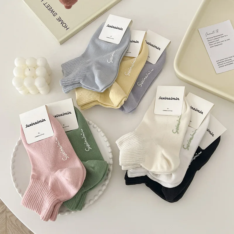 

3 Pairs Socks Female Spring And Summer Style Pure Color Lovely Alphabet Anti-slip Sweat Absorption Leisure