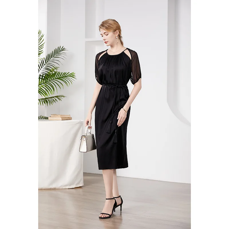 Vestido de seda Mulberry para mulheres solto e fino, temperamento preto, moda verão D41413