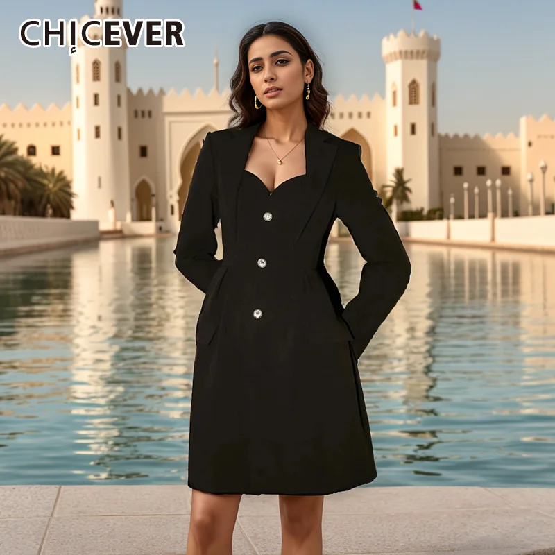 

CHICEVER Temperament Soild Dresses For Women Square Collar Long Sleeve Spliced Single Breasted High Waist Mini Dress Female New