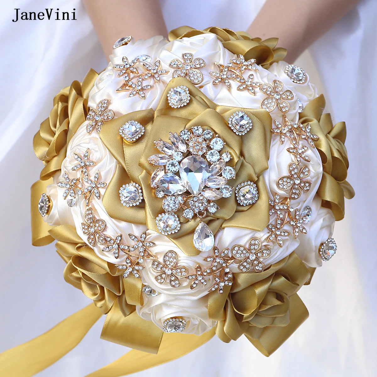 JaneVini Bling золотой кристалл светло-золото цвета слоновой кости свадебные букеты для свадьбы искусственный атлас большие розы невесты искусственный букет цветов JaneVini Bling золотой кристалл светло-золото цвета слоновой кости свадебные букеты для свадьбы искусственный атлас большие розы невесты искусственный букет цветов