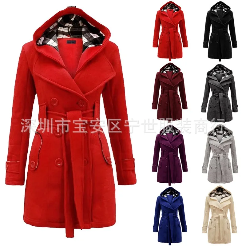 British Style Women Woolen Coat with Belt 2025 Double-Breasted Winter Coat Women's Jacket Double Neckline Plaid Hooded Overcoat