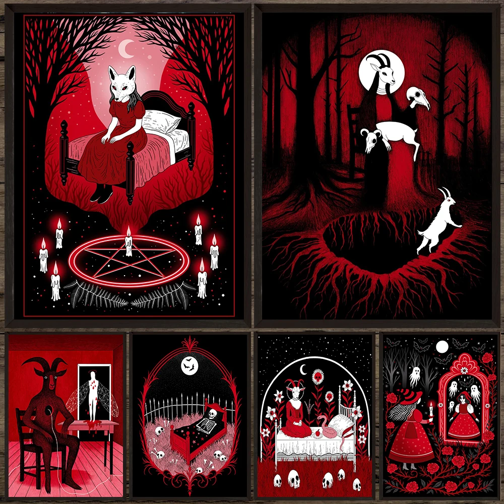 Gothic Dark Fantasy Canvas Painting, Witch Skeleton Ghost Wall Art,Goat Demon Occult Poster Print,Home Wall Decor Unframed