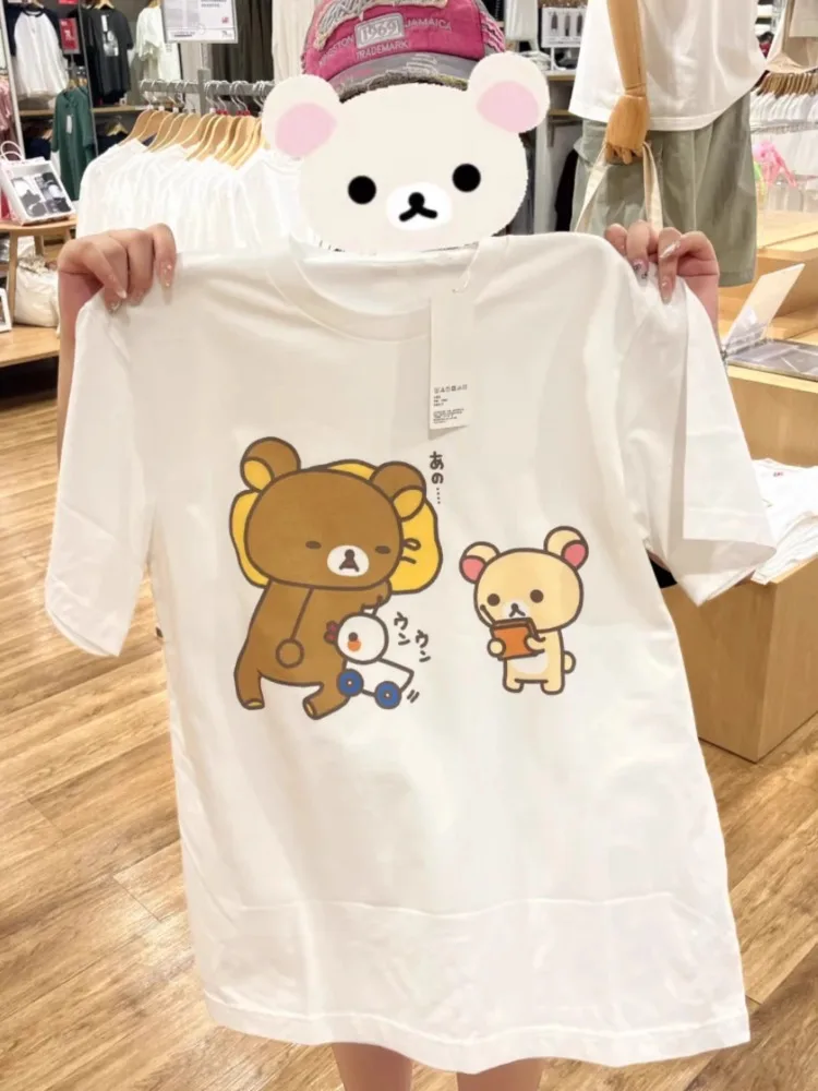 Nuevas camisetas Kawaii de algodón puro de 100%, camisetas coreanas con bonitos dibujos de oso marrón, camisetas holgadas de manga corta con cuello redondo para verano Y2k, camisetas para adolescentes y estudiantes
