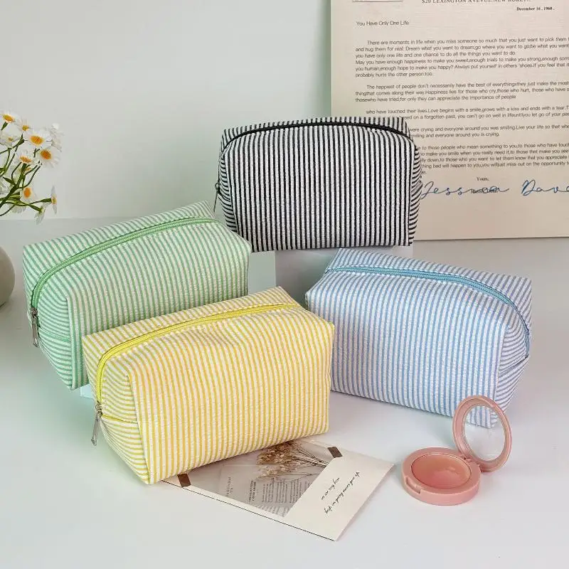 Striped Makeup Cosmetic Bag Zipper Travel Organizer for Women Portable Toiletry Storage Case Handbag Beauty Essentials Holder