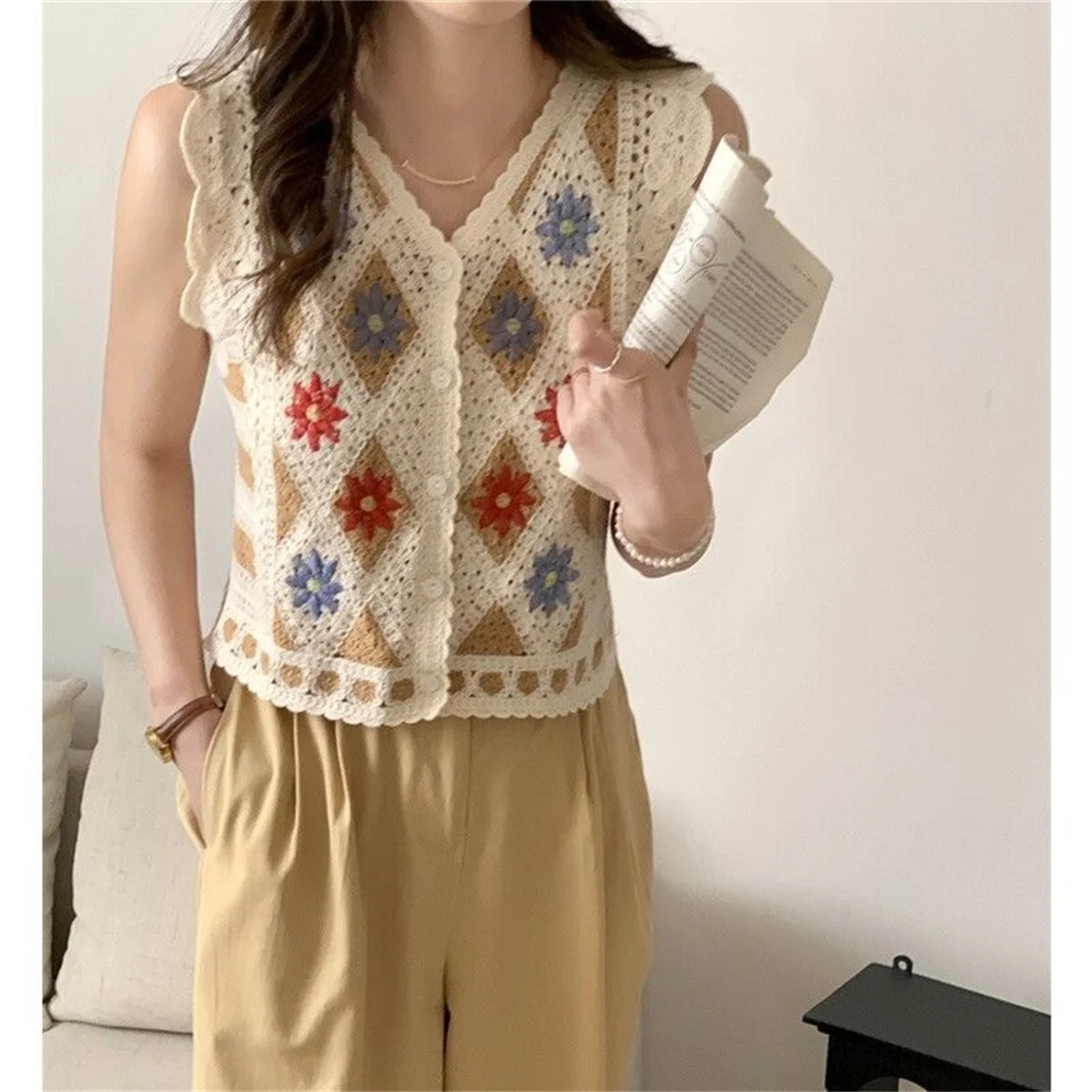 Cardigan  Women   Fashion  Summer  Cotton   Retro  Sleeveless   Stripe    Embroidery    Floral     Hollow  Vest  Casual