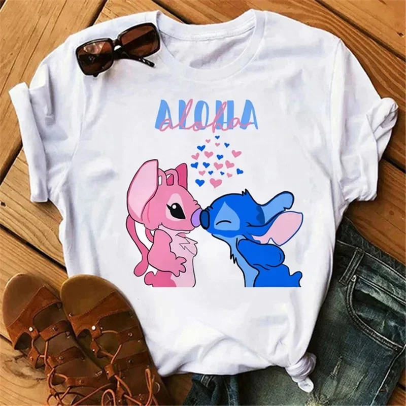 Summer Cute Funny Disney Cartoon Stitch Ladies Cotton T-Shirt Ohana Lilo Stitch Graphic Women Tee Top Female White Blouse Gift