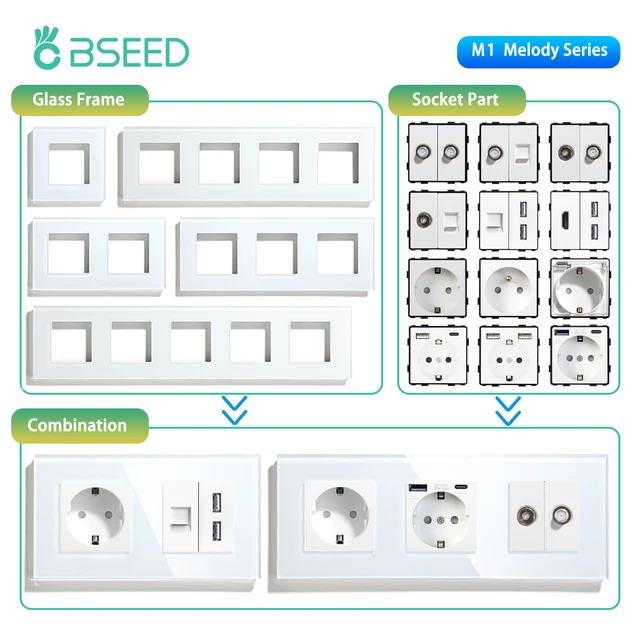 BSEED EU Standardowe ue gniazdo USB RJ45 Internet telewizja części funkcyjne do ściany gniazdko elektryczne tylko szklanym panelem