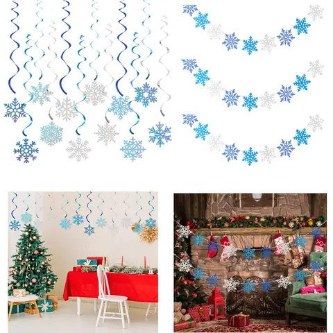 Snowflake Hanging Decorations Birthday Flag Christmas Snowflake Hanging String Winter Carnival Ice Snow Theme Party Background