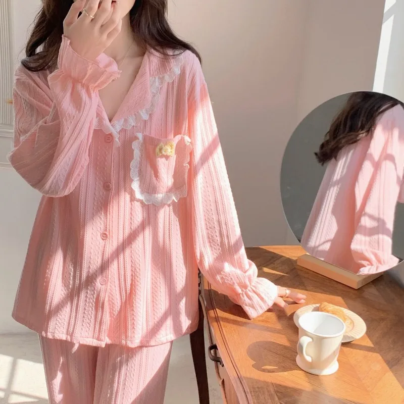 2024 New Pajama Girl Spring Autumn Pure Cotton Sleepwear Long Sleeved Cardigan Loungewear Sweet Girl V-neck Lace Homewear Set