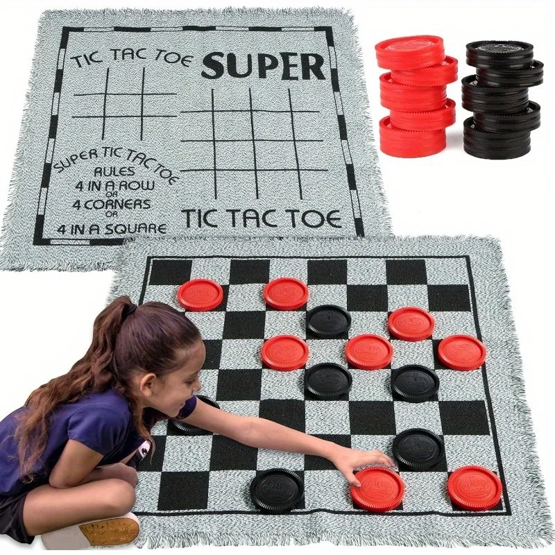 

3-in-1 Vintage Giant Checkers Toy, Family Board Game with Reversible Mat, 24 Chips, Classic Board Game for Party Games Gifts