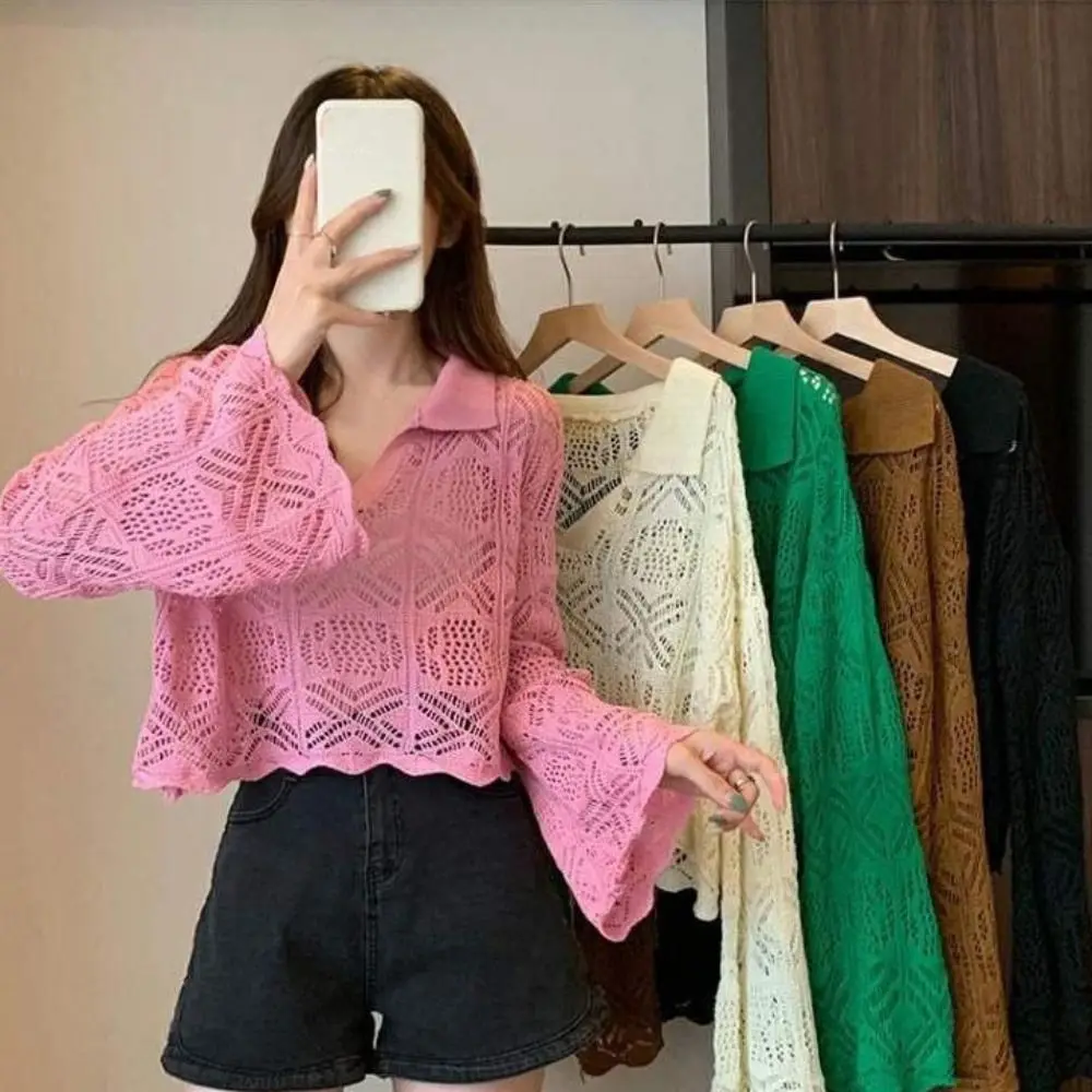 Fashion V-neck Hollow Out Knit T-shirt Loose Korean Style Cover Up Crop Top Long Sleeve Beachwear Crochet Knitwear Streetwear