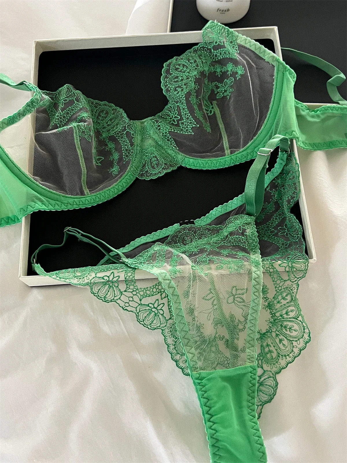 Anello in acciaio romantico verde push up lingerie pizzo sexy trasparente triangolo coppa set reggiseno intimo reggiseni