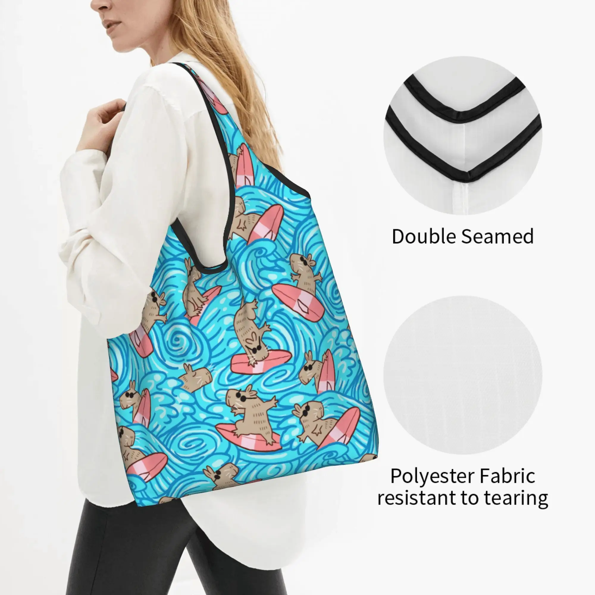Funny Printing Surfing Capybaras  Tote Shopping Bags Portable Shoulder Shopper Funny Colourful Creative  Handbag