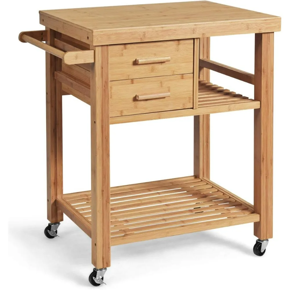 

Kitchen Island, Bamboo Island Cart, Kitchen Trolley Cart on Wheels, Rolling Kitchen Cart, Drawers, Towel Rack, Casters with Lock