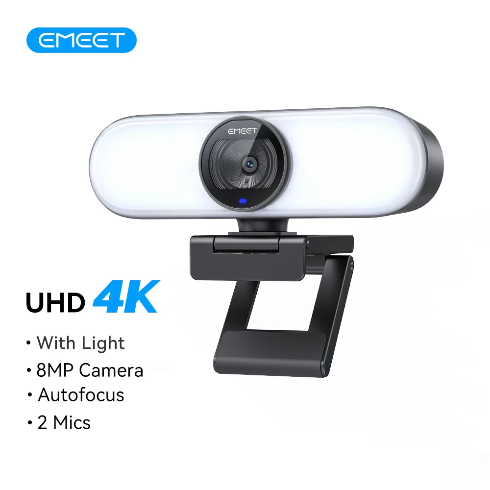EMEET C60E 4K Webcam with Light, 73° FOV, 8MP Autofocus Streaming Camera for PC, 1080P 60FPS Webcam 4K, Dual Mics, Privacy Cover