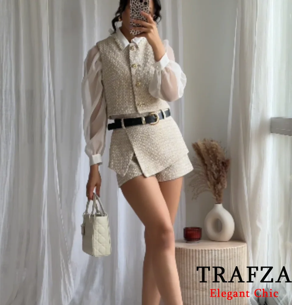 TRAFZA Women Elegant Skirt Set Vest + Belt Safety Pants Skirt Set 2025 Fashion Spring/Summer Holidays Leisure Vitality Skort Set