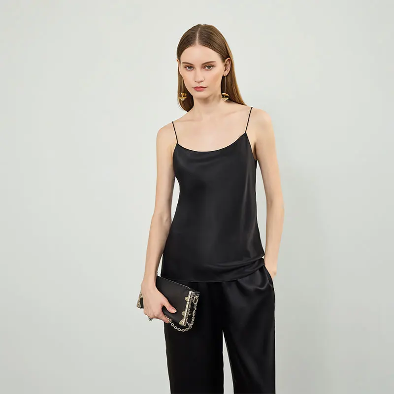 

100% Mulberry Silk Camisole Top with Long Pants Pajamas Two Piece Set Women's Sleeveless Tank Pajama Elegant Cami Home Wear PJs