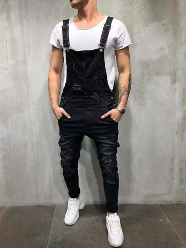 New Fashion Men's Jeans Overalls High Street Ripped Denim Jumpsuits Hip Hop Men Cargo Bib Pants Cowboy Male Jean Dungarees 2023