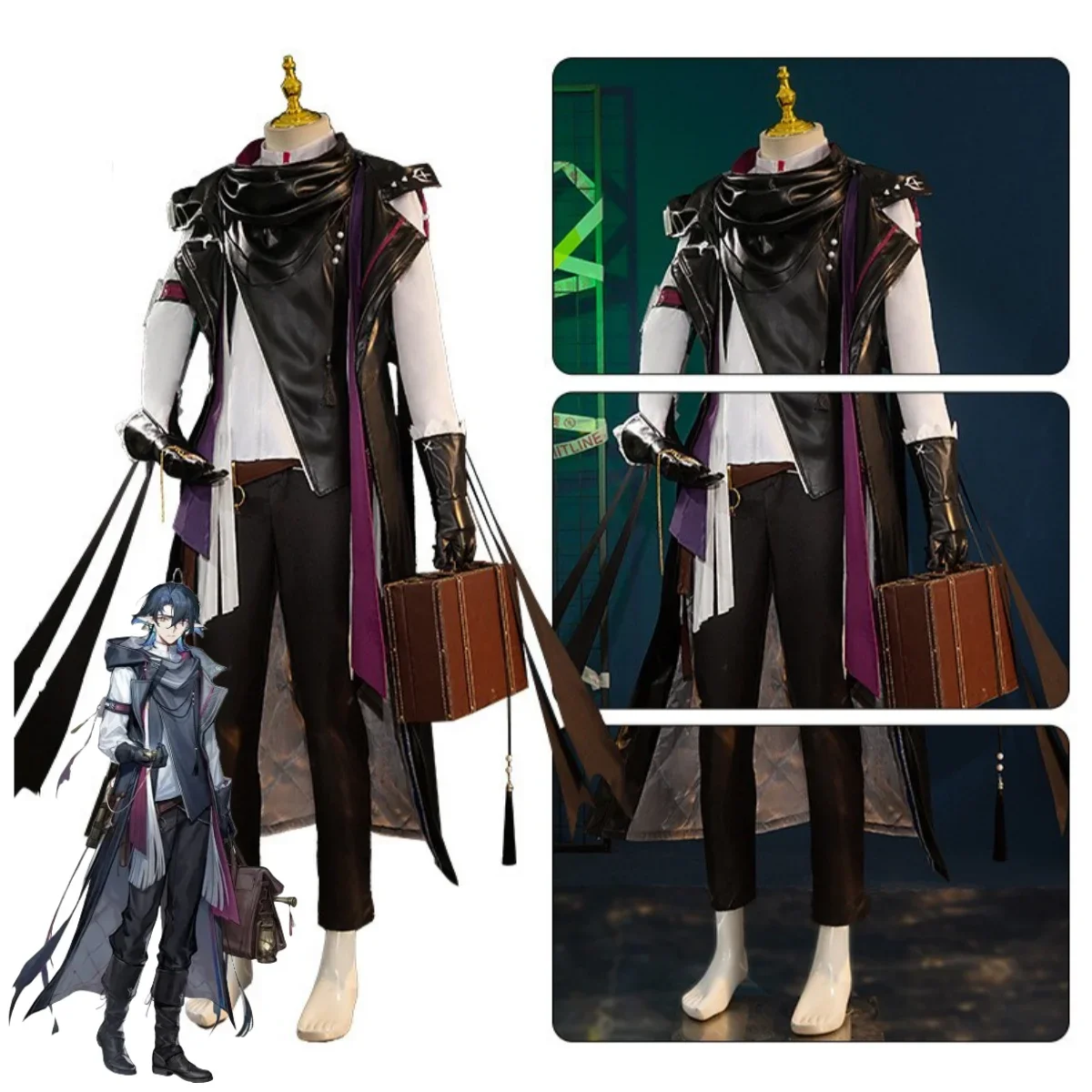 Anime Game Arknights Lumen Tribunal Cosplay Costume Black PU Waistcoat Coat Uniform Full Set Wig Man Halloween Carnival Suit view 3
