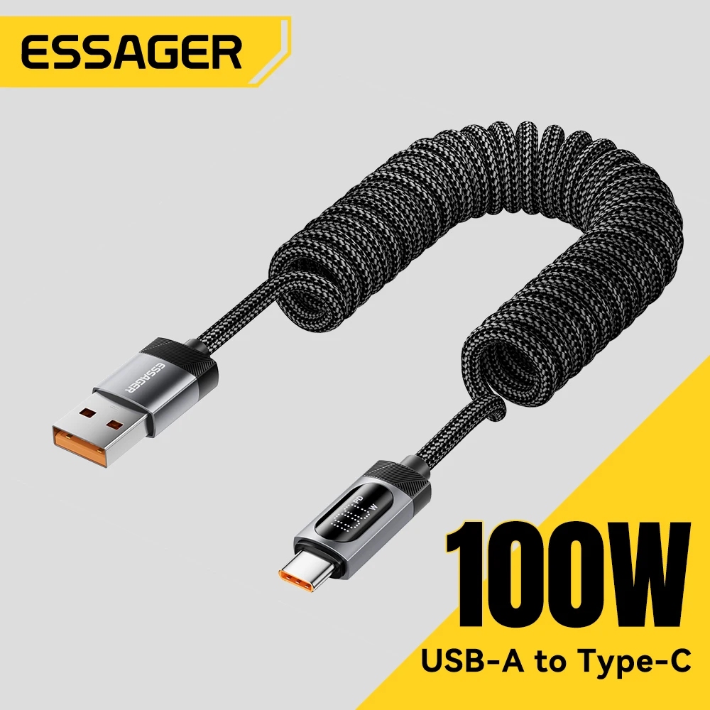 Essager 100W Car Spring Type C Cable Fast Charging for iPhone 17/16/15 pro Xiaomi Samsung MacBook iPad - Durable Charging Cable