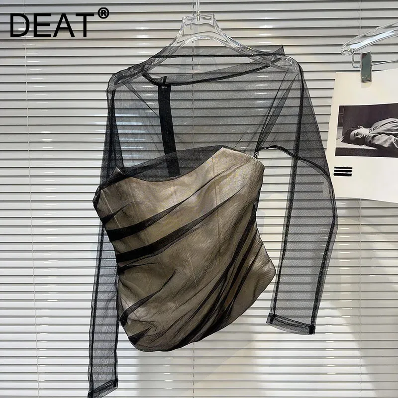 DEAT 2024 Autumn New Fashion Transparent Mesh Splicing Fishbone Strapless T-shirt For Women Outwear Long Sleeve Tops 11A01203