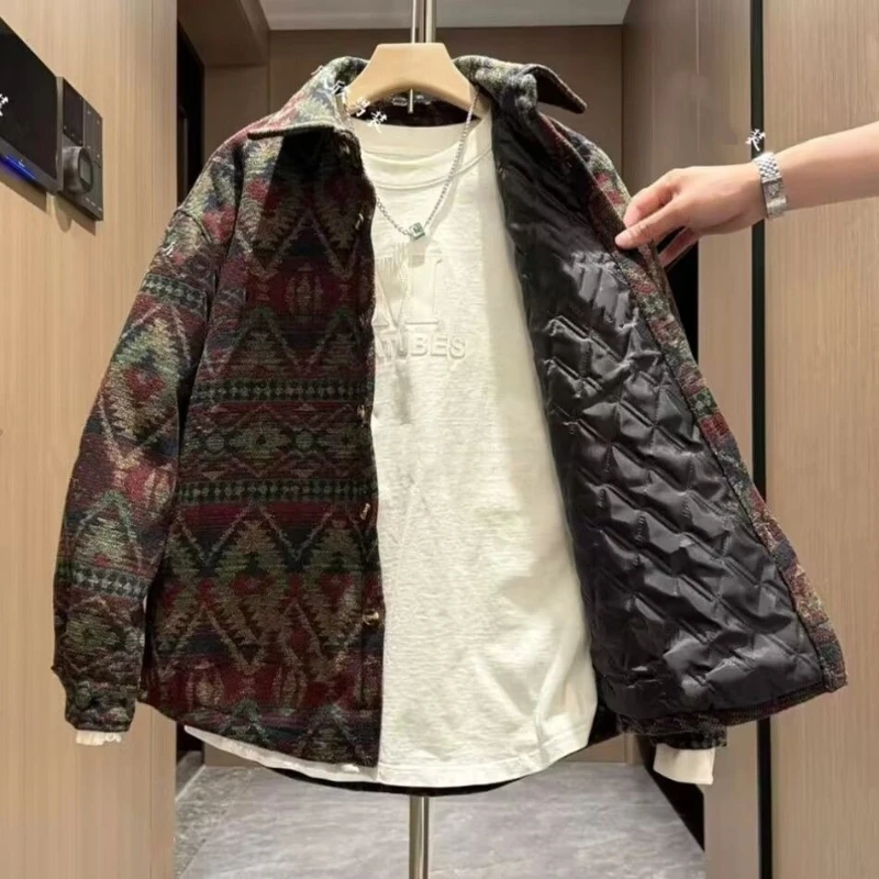 Men's Autumn Winter Vintage Ethnic Jacquard Padded Jacket Premium Loose Cool Style Thick Shirt Jacket Outerwear